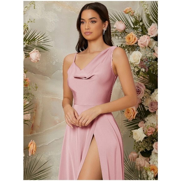 Glam Pink Bridesmaid Satin A Line Dress - Picture 3 of 5